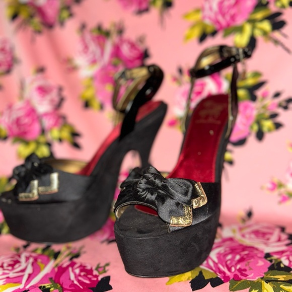 Sam Edelman pinup black satin bow platform heels 9.5 nib sexy pinup vixen kitten - Picture 7 of 17